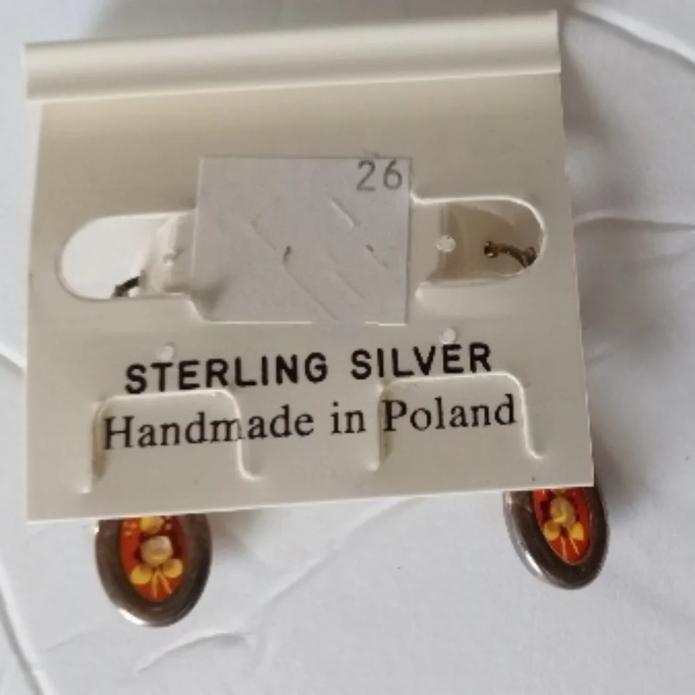 Vessel Amber and Sterling Silver Earrings w/ White Rose- Vintage- Made In Poland - Picture 2 of 4